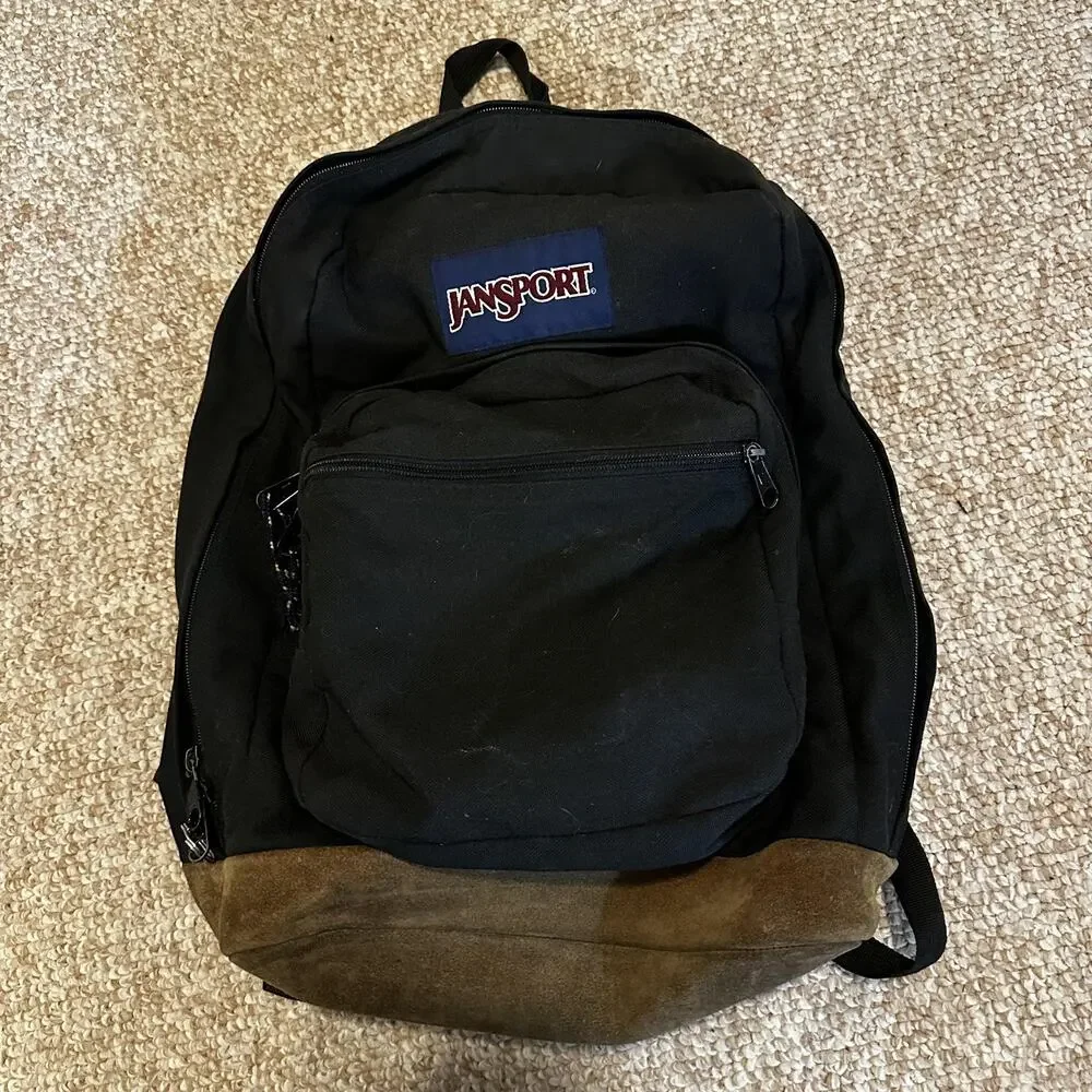 JanSport Black Backpack Soft Case Brown Suede Bottom Adjustable Strap School Bag